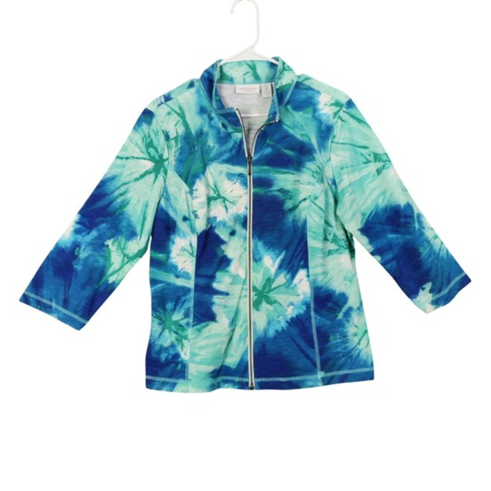 Chicos Womens Coastal Lightweight Travel Tie Dye Zip Up 2 L Jacket Blue Green